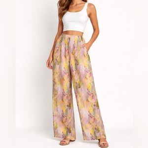 Nasty Gal Anthropologie wide leg LINEN Pants palazzo Abstract 4 purple green NEW